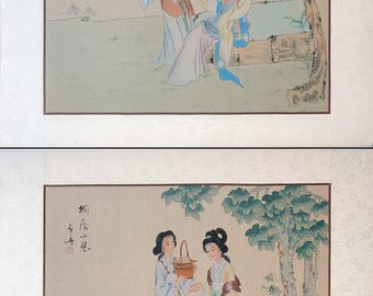 A Pair of Vintage Oriental Paintings, Chinese Noble Beauties, Watercolor on Silk