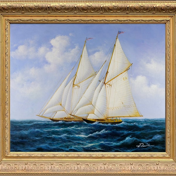 Antique Gold Framed Oil Painting, Signed David, Wall Art, Pair of American Sailing boats, Seascape, Hand Painted, Memorable Gift