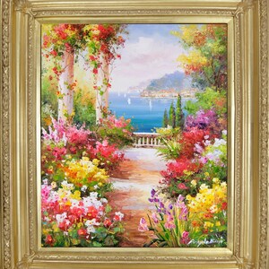 Mediterranean Garden Oil Painting - Ornate Gold Frame, Signed A. Rossi