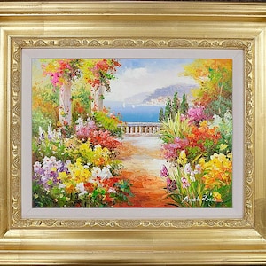 Framed Oil Painting: Mediterranean Garden Landscape by A. Rossi