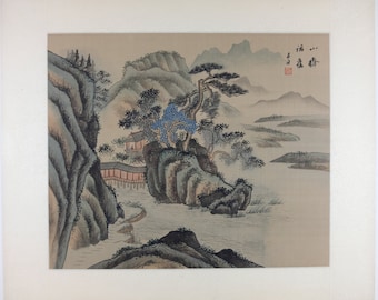Aquarelle asiatique vintage sur soie, incroyable peinture de paysage oriental, paysage chinois ancien, art traditionnel chinois, 61 x 60 cm