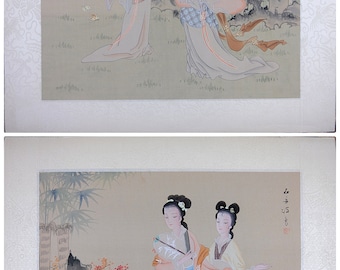 Vintage Original Asian Art, Oriental Beauties Watercolor Painting, Hand-made Wall Decor