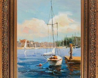 Antique Gold Framed Oil Painting, Signed Jean Norton, Wall Art, Peaceful Harbor Scene, Elegant Seascape, Hand Painted, Memorable Gift.