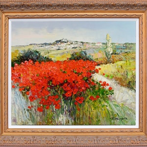 Óleo sobre lienzo con marco de forro de lino, Paisaje de Red Flower Hill, firmado por J Morgan, Colecciones de artistas coreanos, Regalo memorable, Arte de pared