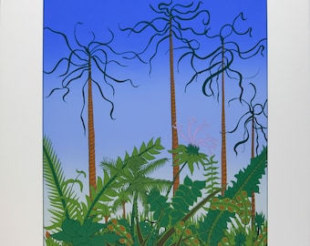 Vintage Serigraph, Sabal Palm Tree Scene Print, Modern Abstract Wall Art, Limited Edition 150