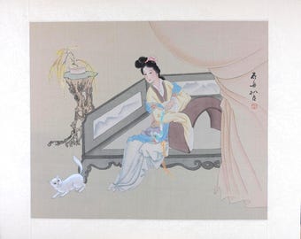 Vintage Asian Painting On Silk, Ancient Beauty Portrait, Oriental Watercolor Wall Art