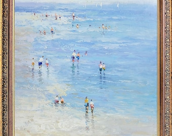 Framed Oil Painting on Canvas, Beach Scenery Seascape, Signed by Korean Artist, K Art