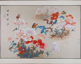 Vintage Asian Watercolor on Silk Paper, Vintage Chinese Painting, Oriental Art, Dancing Butterflies on the Flowers