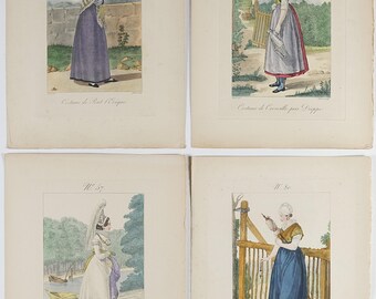 Antique Copperplate Prints, 1820 Victorian Costume Engravings, Set of Four