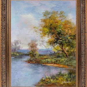 Framed Landscape, Original Oil Painting, Signed by Jean Reneau, Summer Lakeside Landscape, Memorable Gift