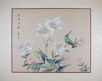 Vintage Asian Watercolor Painting, Hummingbird and Lilies on Silk, Oriental Wall Art
