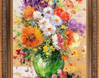 Framed Oil Painting, Signed Bouquet, Green Vase, Original Still Life Wall Art
