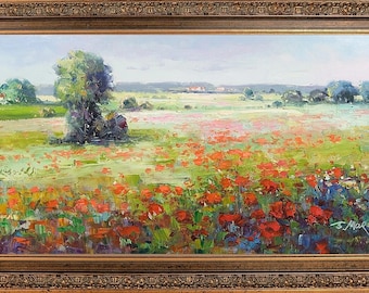 Framed Oil Painting, Signed Korean Artist, Poppy Field Landscape, Ornate Gold Frame