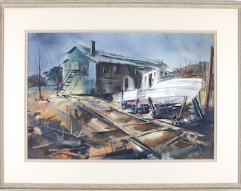 Framed Original Vintage Painting, Connecticut Watercolor Landscape, Signed Wall Art
