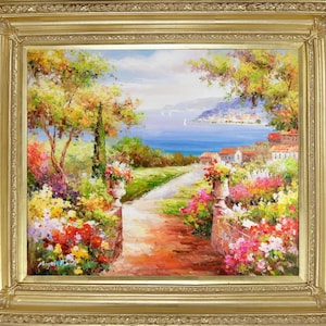 Mediterranean Garden Road, Oil Painting on Canvas,  with French Gold Frame, Signed A Rossi