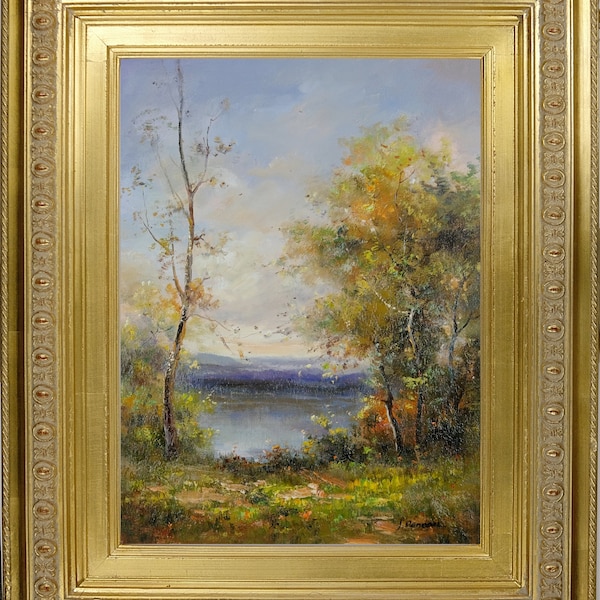 Luxury Framed French Impressionist Scenery, Original Oil Painting, Signed by Jean Reneau, Summer Lake Landscape, Memorable Gift