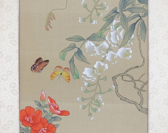 Vintage Asian Watercolor on Silk, Traditional Chinese Painting on Silk, Butterflies on the Red Flower, Oriental Art