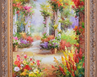 Dipinto ad olio con cornice dorata francese, firmato A Rossi, arte da parete, splendido paesaggio del giardino italiano, dipinto a mano, regalo memorabile