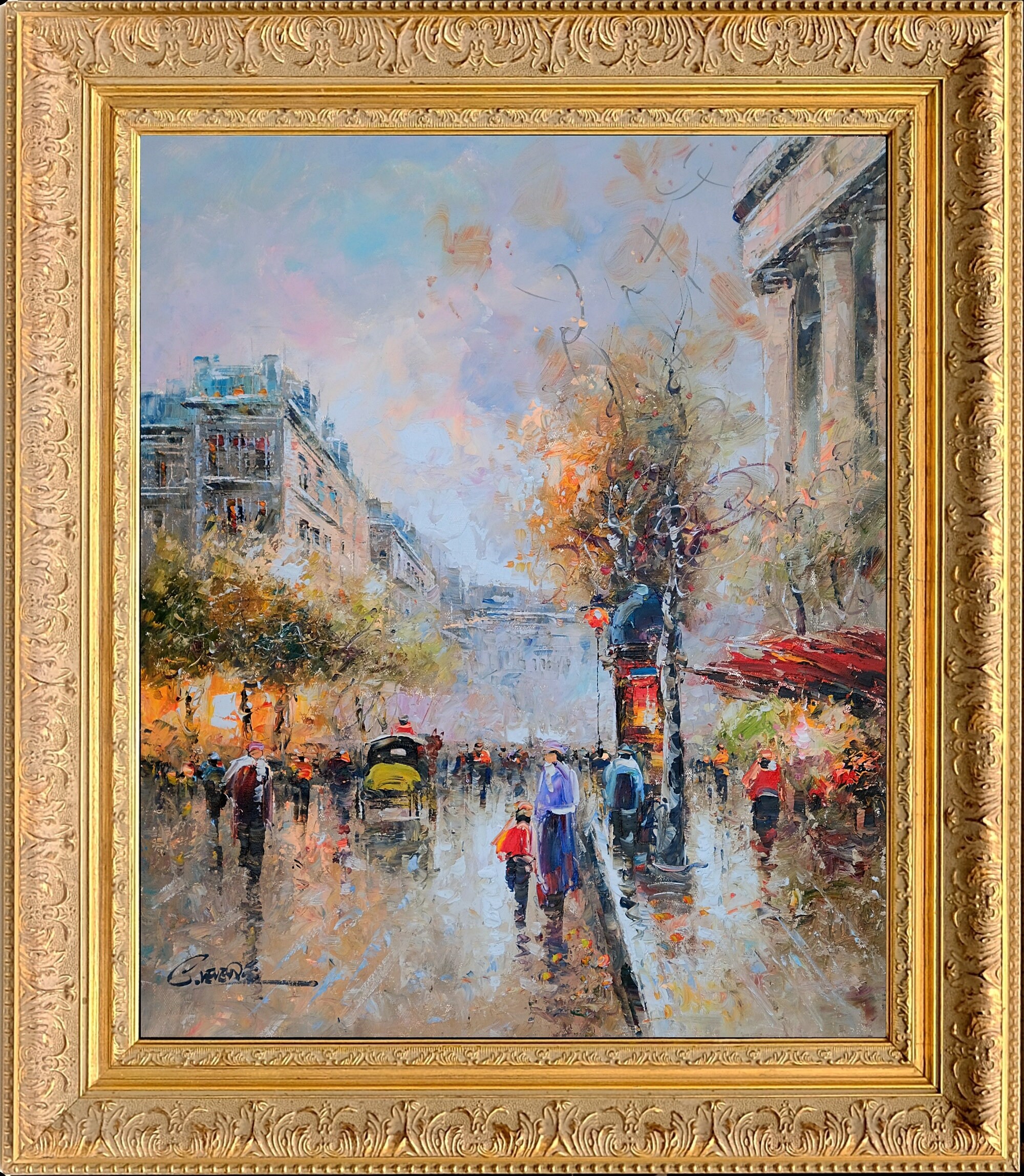 for Memorable Gift Paris Street Horse Carriage with Landscape Paris Cityscape by Jean Gaston Oil Painting with Antique Gold Frame