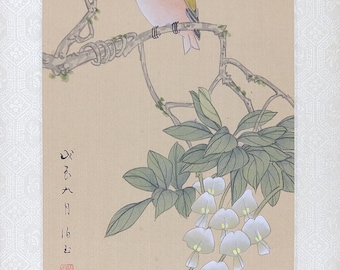 Acuarela asiática vintage, glicinia, pájaro sobre papel de seda, pintura china vintage