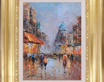 Framed Impressionism Oil Painting, Evening Cityscape Street View, Signed Wall Art