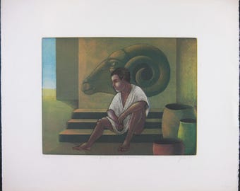 Vintage print, ondertekend door Nicolette Jelen, 'The Sacrifice of Abraham IV', oplage genummerd 95