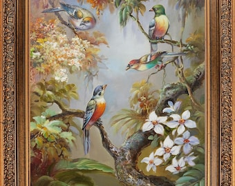 Framed Original Oil Painting, Signed Birds Tropical Forest Floral Landscape, Korean Art Collection