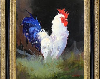 Framed Original Oil Painting, Signed Korean Impressionist, Rooster Portrait Wall Art