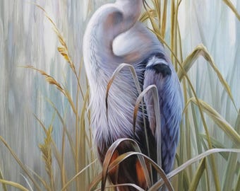 K Art Collection, White Heron Oil Painting on Canvas: Korean Art, Signed Brunell S