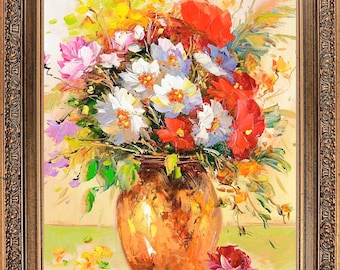 Framed Original Oil Painting, Bouquet in Vase, Signed Wall Art, Ready to Hang