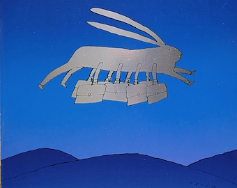 Jean-Michel Folon, Rabbit, Screen-Print Poster on Foil, Signed in Plate, Vintage Print, VTG Art, VTG Serigraph