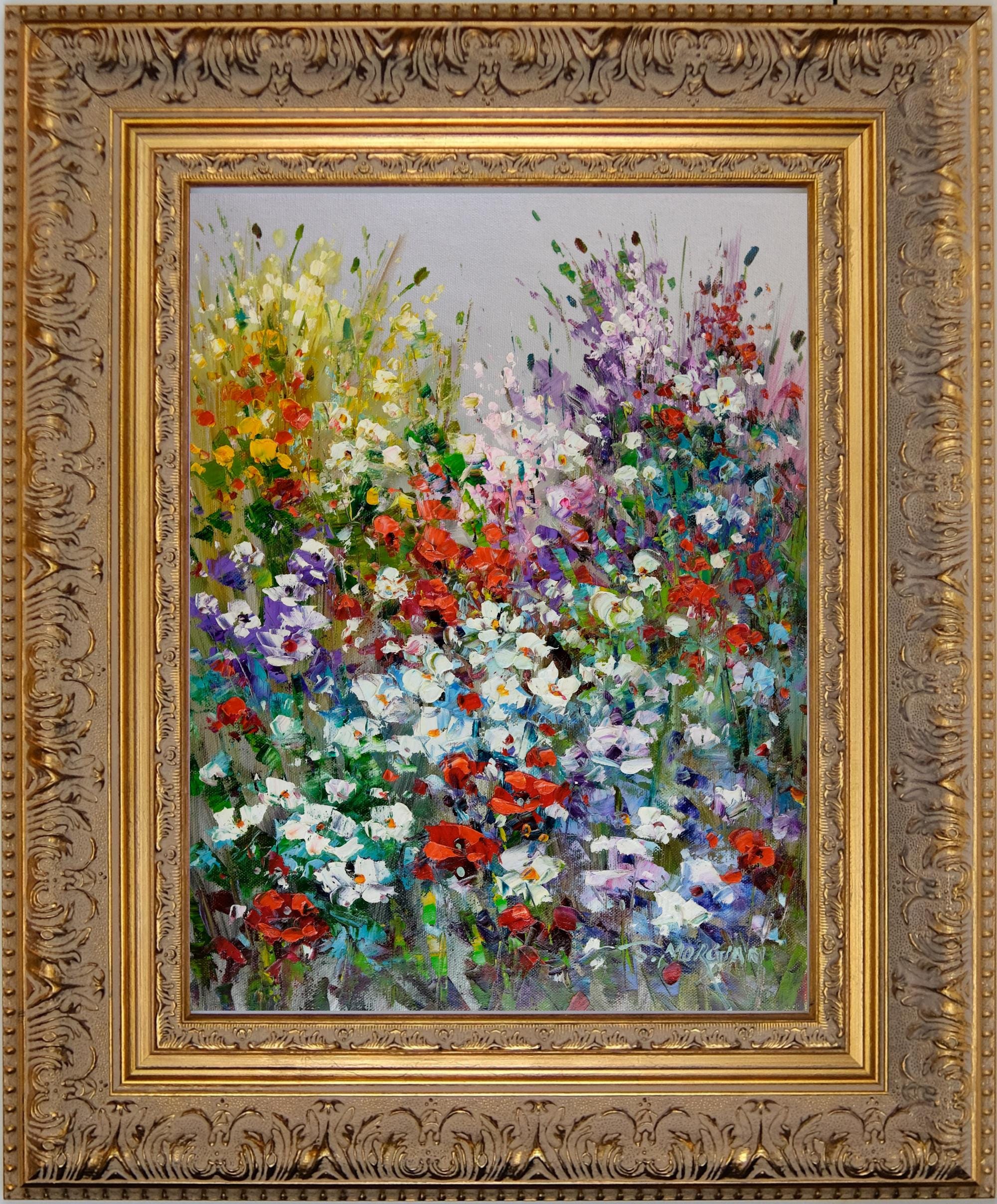 Framed Oil Painting on Canvas, Flower Garden, Signed by J Morgan, Korean Artist Collection