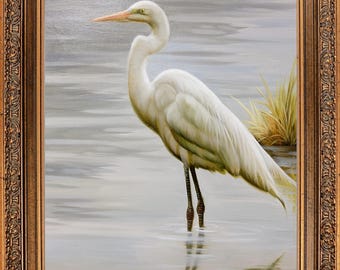 Framed Oil Painting, White Heron Portrait– Korean Art, Signed by Brunell S