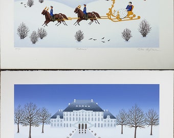 Signed by Wilma Longhammer, Set of Two, Vintage Prints, Horse Sleigh & Rolls-Royce
