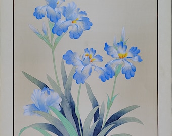 Vintage Asian Iris Watercolor, Original Painting on Silk, Oriental Art (36x24)