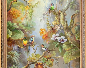 Framed Original Oil Painting on Canvas, Signed by Korean Artist, Birds Rest in Forest