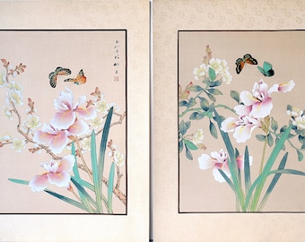 Par de acuarelas asiáticas vintage sobre seda, arte oriental vintage, mariposa e iris