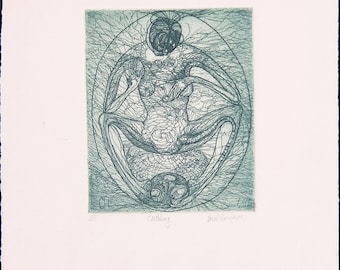 Vintage Abstract Lithograph Print, Pencil Hand Signed, 'Earthling', Vintage Serigraph on Paper, 10 in x 8 in