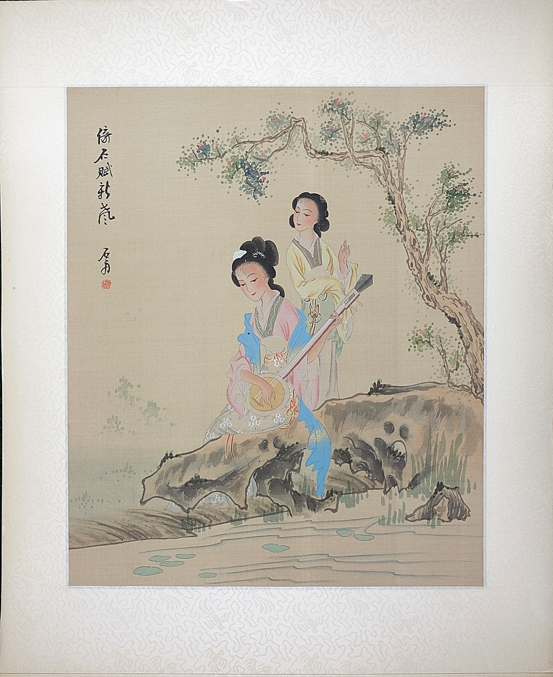 Vintage Asian Painting on Silk, Beauty Playing Guitar, Vintage