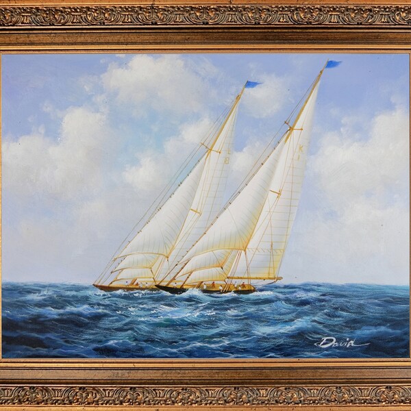 Antique Gold Framed Oil Painting, Signed David, Wall Art, Sailing boats on the Wave, Seascape, Hand Painted, Memorable Gift.