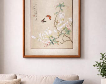 Framed Vintage Oriental Art, Original Painting on Silk, Butterfly & Magnolia, Signed Asian Watercolor