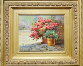 Framed Oil Painting, Garden Flower Pots, Signed Eric Son, Fine Wall Art