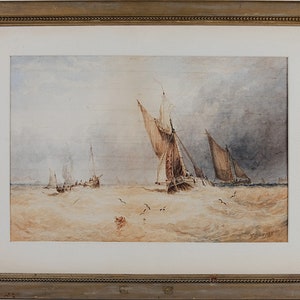 Antique Watercolor by George Stainton (British, active 1866-1890) Fishing Boats, Framed Artwork