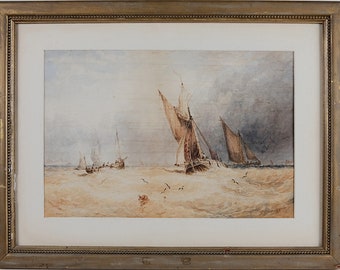 Framed Antique, Signed by George Stainton, British, 1866-1890, Fishing Boats, Watercolor Wall Art