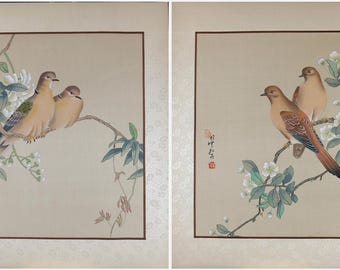 Par de pinturas vintage de aves asiáticas, acuarela sobre seda, decoración de pared oriental vintage