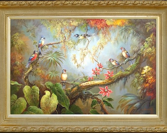 Framed Oil Painting, Signed Korean Artist, Wild Birds in the Forest, Ornate Gold Frame