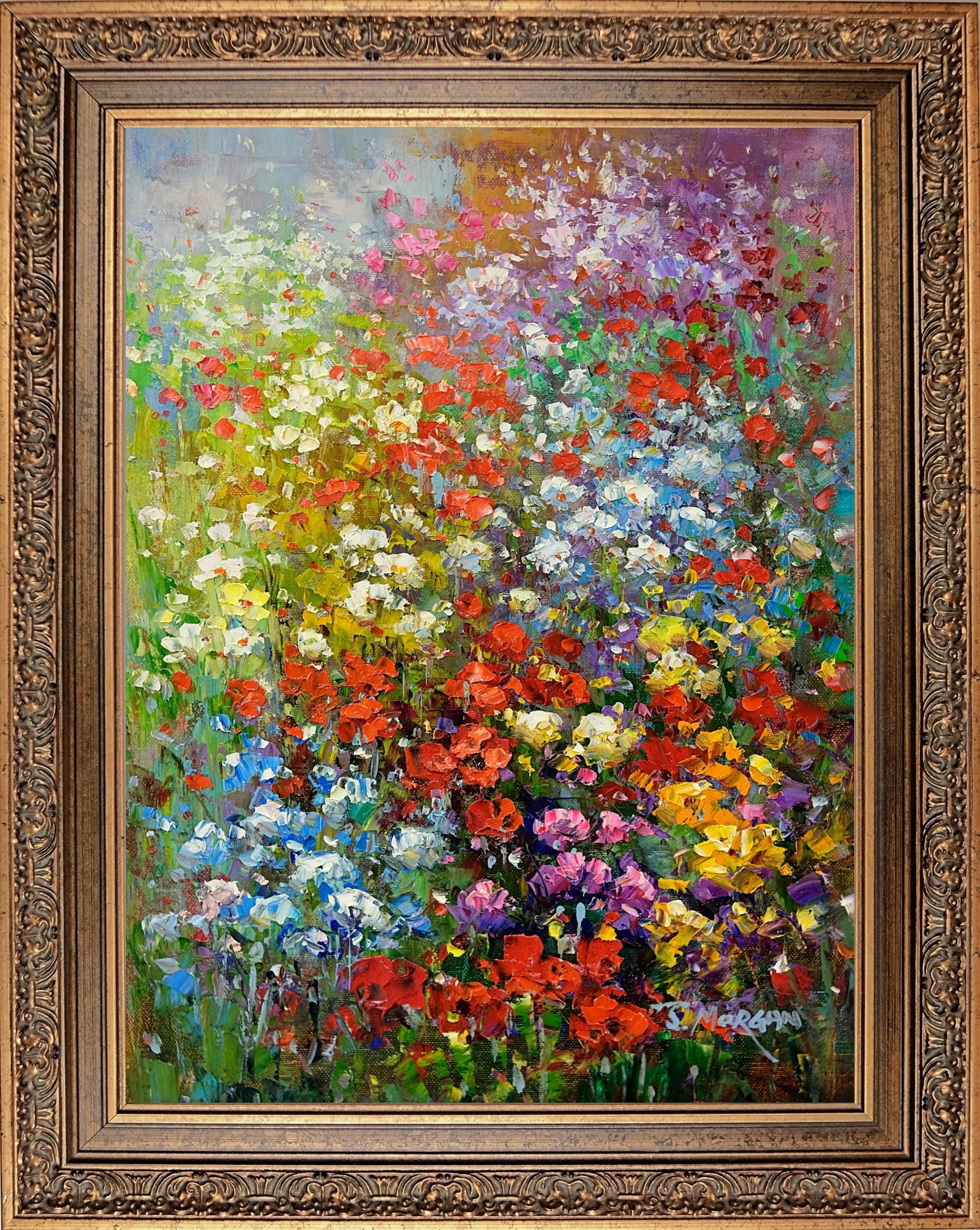 Framed Floral Oil Painting, 'red Flower Garden' by Jean Morgan