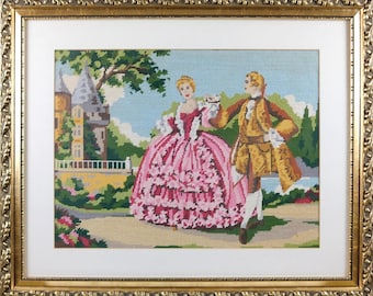 Framed Victorian Needlepoint Art, Romantic Couple Garden Scene