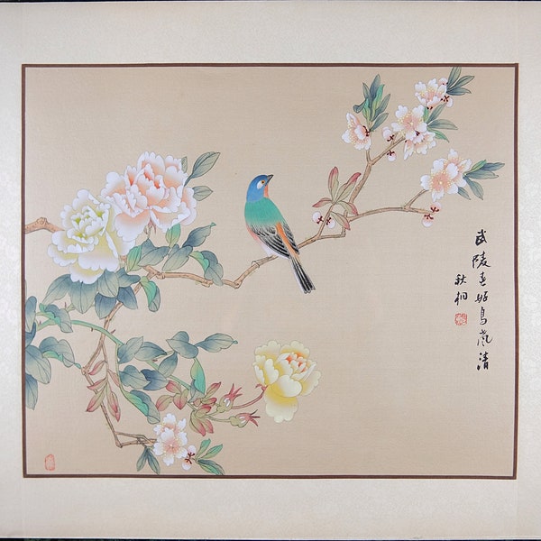 Vintage Asian Watercolor on Silk, Vintage Oriental Chinese Painting, Blue Bird on the Peony Flower Tree, Artist Stamped and Signed