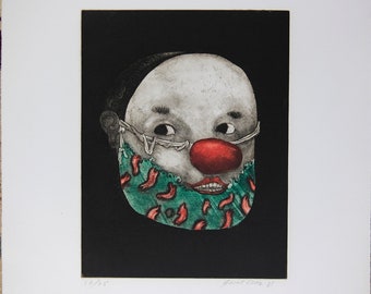 Vintage Clown Mask Etching Aquatint Print, Saint Clair Cemin, Limited Edition
